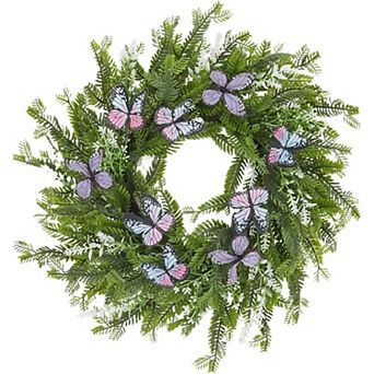 20 Inch Artificial Boxwood Wreath with Fern Leaves & Butterflies for Front Door Porch Wall Window