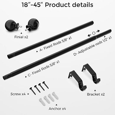 Curtain Rod for Windows 18-45 Inch, Black 5/8 Inch Small Window Treatment Rods, Matte Black