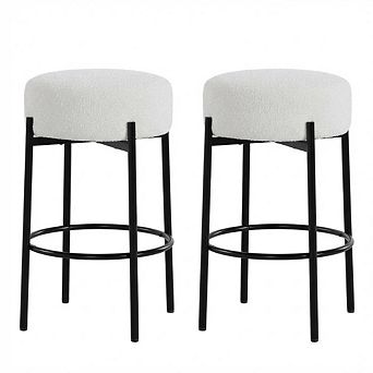 Round Bar Stools Set of 2,24" Modern Backless Bar Stools,Sherpa Upholstered with Foot Rest