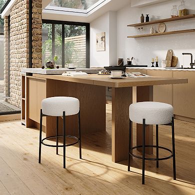 Round Bar Stools Set of 2,24" Modern Backless Bar Stools,Sherpa Upholstered with Foot Rest
