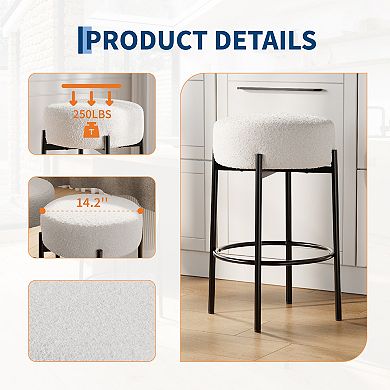 Round Bar Stools Set of 2,24" Modern Backless Bar Stools,Sherpa Upholstered with Foot Rest