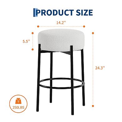 Round Bar Stools Set of 2,24" Modern Backless Bar Stools,Sherpa Upholstered with Foot Rest