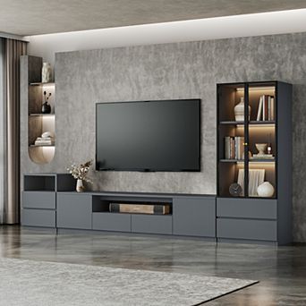 Grey Media Console for TVs up to 75'', Modern Living Room Entertainment Center with Light & Drawer