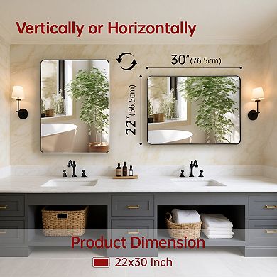SUMERAIN Rounded Corner Bathroom Mirror, 22x30 Inch Tempered Glass, Square Matte Black Frame Finish