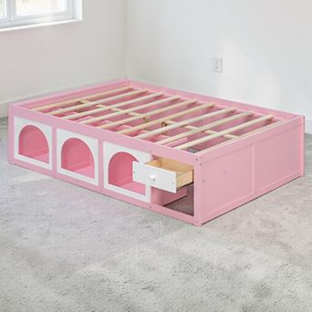 Lufeiya Full Size Platform Bed with Bookshelf Storage,Side Display Cabinet,LED Light and Drawer