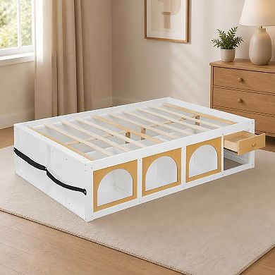 Lufeiya Full Size Platform Bed with Bookshelf Storage,Side Display Cabinet,LED Light and Drawer