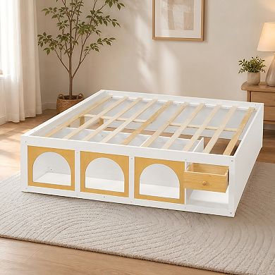 Lufeiya Full Size Platform Bed with Bookshelf Storage,Side Display Cabinet,LED Light and Drawer