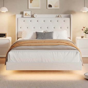 Bed Frame with LED Lights, Modern Wood Floating Bed Frame with Storage