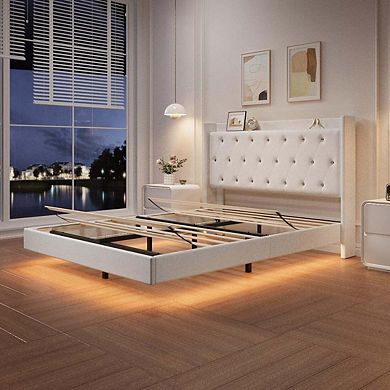 Bed Frame with LED Lights, Modern Wood Floating Bed Frame with Storage