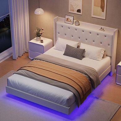 Bed Frame with LED Lights, Modern Wood Floating Bed Frame with Storage