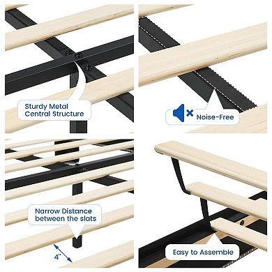 Bed Frame with LED Lights, Modern Wood Floating Bed Frame with Storage