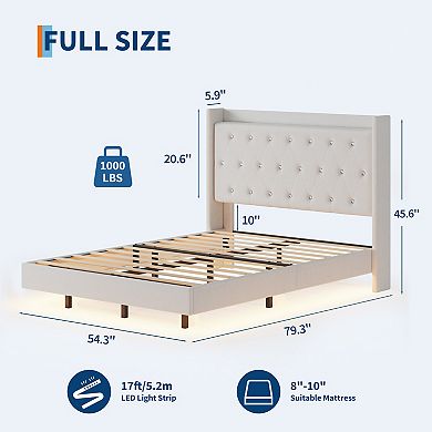 Bed Frame with LED Lights, Modern Wood Floating Bed Frame with Storage