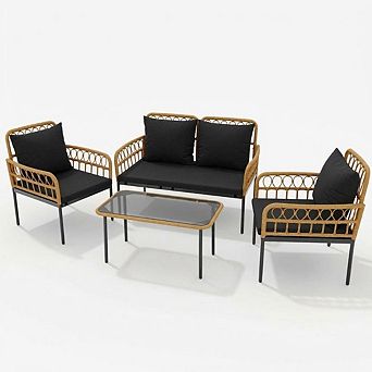4 pc Outdoor Patio Furniture Set, All-Weather Boho Wicker Rattan Patio Sectional L-Shaped Sof
