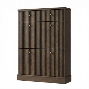 Fluted Shoe Cabinet with 2 Flip Drawers & 1 Drawer Slim Shoe Storage Organizer w/Adjustable Shelves