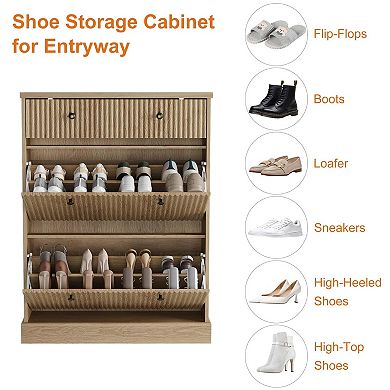Fluted Shoe Cabinet with 2 Flip Drawers & 1 Drawer Slim Shoe Storage Organizer w/Adjustable Shelves