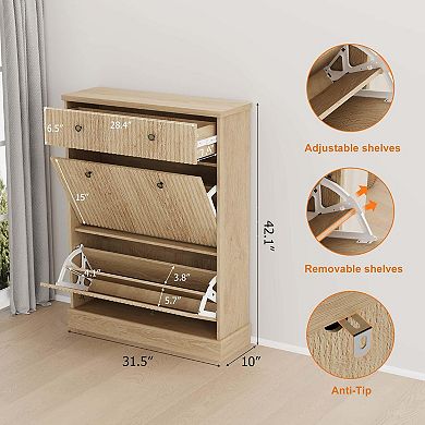 Fluted Shoe Cabinet with 2 Flip Drawers & 1 Drawer Slim Shoe Storage Organizer w/Adjustable Shelves