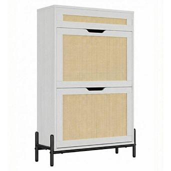 Rattan Shoe Cabinet with 3 Drawer and Flip Doors 3 tier Slim Shoe Storage with Adjustable Shelves