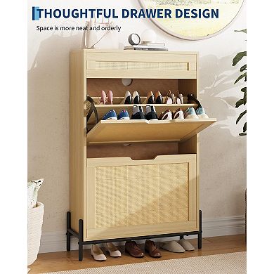 Rattan Shoe Cabinet with 3 Drawer and Flip Doors 3-Tier Slim Shoe Storage with Adjustable Shelves