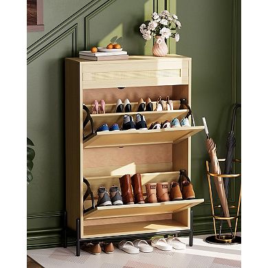 Rattan Shoe Cabinet with 3 Drawer and Flip Doors 3-Tier Slim Shoe Storage with Adjustable Shelves