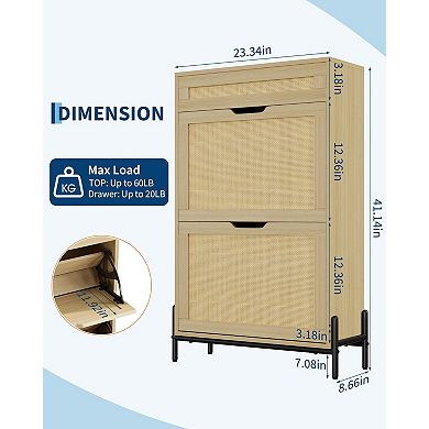 Rattan Shoe Cabinet with 3 Drawer and Flip Doors 3-Tier Slim Shoe Storage with Adjustable Shelves