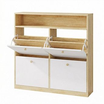 Slim Shoe Cabinet with 4 Flip Doors Hidden Wooden Shoe Storage Organizer with Open Shelf