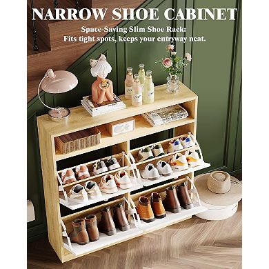 Slim Shoe Cabinet with 4 Flip Doors Hidden Wooden Shoe Storage Organizer with Open Shelf