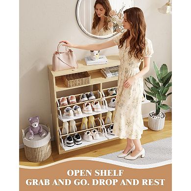 Slim Shoe Cabinet with 4 Flip Doors Hidden Wooden Shoe Storage Organizer with Open Shelf