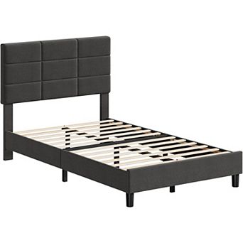 Wood Bed Frame, Linen Upholstered Platform Bed with Headboard, No Box Spring Needed