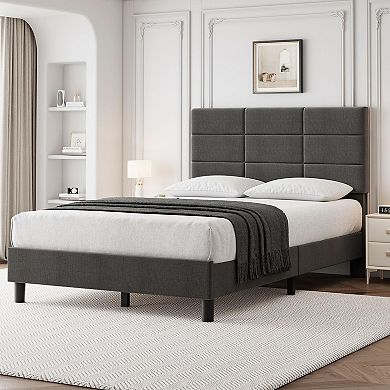 Wood Bed Frame, Linen Upholstered Platform Bed with Headboard, No Box Spring Needed
