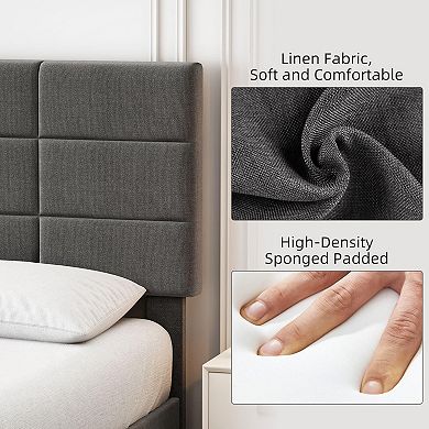 Wood Bed Frame, Linen Upholstered Platform Bed with Headboard, No Box Spring Needed