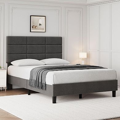 Wood Bed Frame, Linen Upholstered Platform Bed with Headboard, No Box Spring Needed
