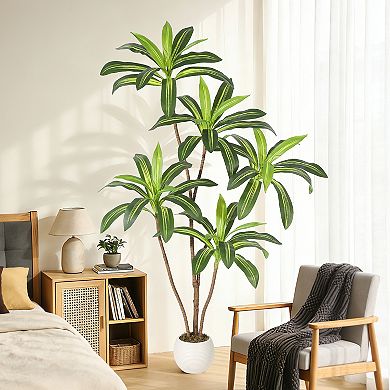 Realistic Artificial Dracaena Tree with Natural Wood Trunk, Tall Faux Yucca Plant for Home Decor