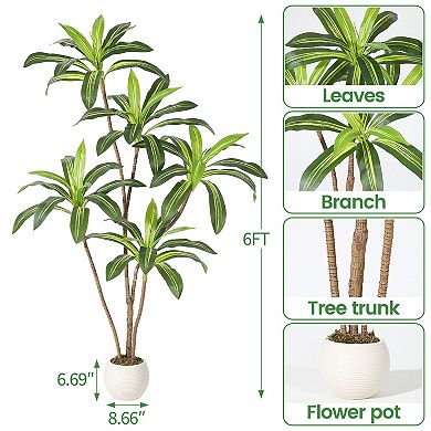 Realistic Artificial Dracaena Tree with Natural Wood Trunk, Tall Faux Yucca Plant for Home Decor