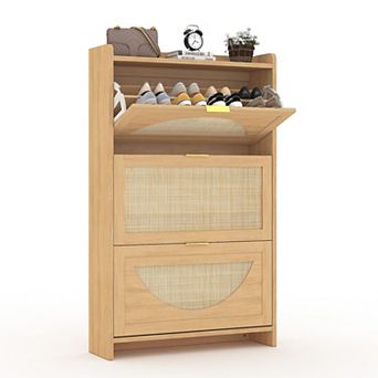 Rattan Shoe Storage Cabinet with 2 Flip Drawers Slim Wooden Shoe Organizer for Entryway