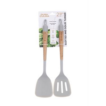 Dura Living 2 pc Acacia Wood & Silicone Kitchen Cookware Set - Slotted & Solid Turner