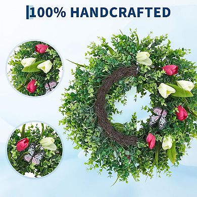 18" Tulip Wreath with Butterflies for Front Door, Artificial Pink & White Tulip with Eucalyptus