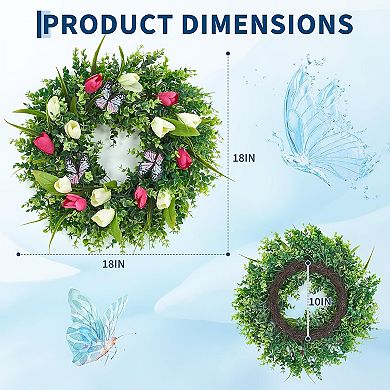 18" Tulip Wreath with Butterflies for Front Door, Artificial Pink & White Tulip with Eucalyptus