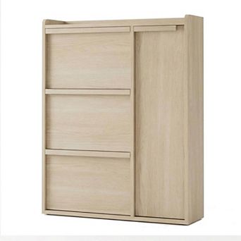 Shoe Cabinet with Flip Drawers and Side Door Wooden Hidden Shoe Organizer with Adjustable Shelves