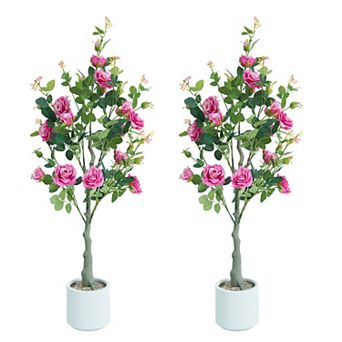 2-Pack Artificial Rose Trees, 4 FT Artificial Rose Tree with Green Leaves for Living Room, Home