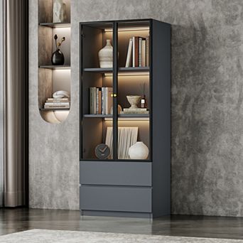 Gray Glass Display Cabinet for Collectibles, Wood 3 tier Display Case, Kitchen Hutch China Cabinet