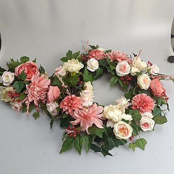 22 in Spring Peony & Dahlia Wreath, Artificial Door Wreath, Real Rattan Base, 2 Matching Bouquets
