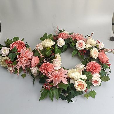 22in Spring Peony & Dahlia Wreath, Artificial Door Wreath, Real Rattan Base, 2 Matching Bouquets