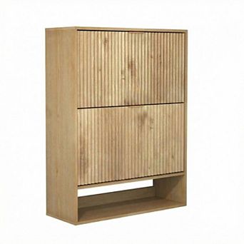 Fluted Shoe Storage Cabinet Slim Hidden Shoe Rack Cabinet with 2 Flip Drawers and Bottom Open Shelf