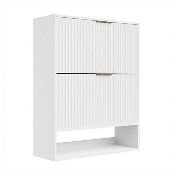 Fluted Shoe Storage Cabinet Slim Hidden Shoe Rack Cabinet with 2 Flip Drawers and Bottom Open Shelf