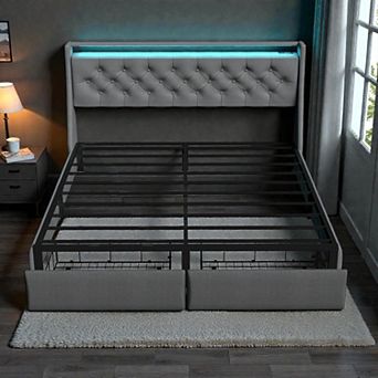 Lufeiya Queen Size Platform Bed Frame with Storage Drawers, RGB LED Headboard, USB Charging Ports