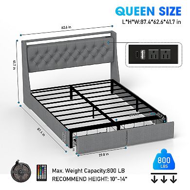 Lufeiya Queen Size Platform Bed Frame with Storage Drawers, RGB LED Headboard, USB Charging Ports