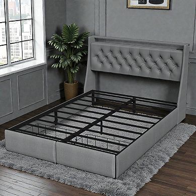 Lufeiya Queen Size Platform Bed Frame with Storage Drawers, RGB LED Headboard, USB Charging Ports