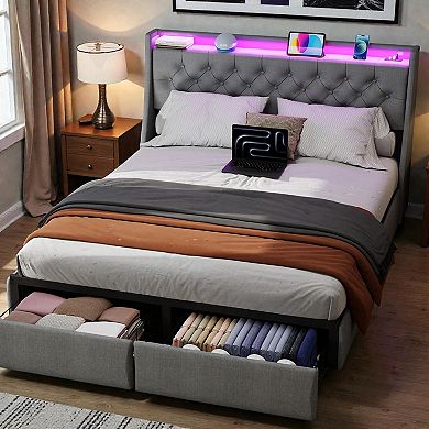 Lufeiya Queen Size Platform Bed Frame with Storage Drawers, RGB LED Headboard, USB Charging Ports
