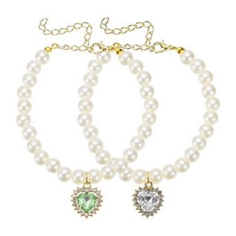 2 pc Cats Dogs Pearl Collar Small Heart Shape Rhinestone Necklace