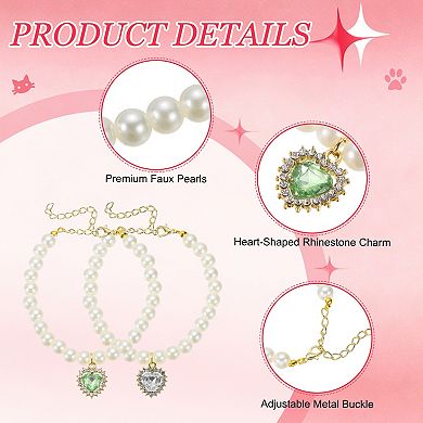 2Pcs Cats Dogs Pearl Collar Small Heart Shape Rhinestone Necklace